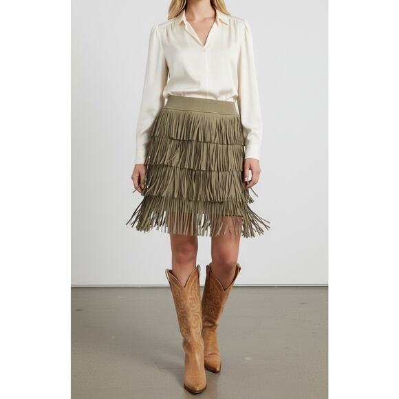 NWT Helmut Lang Olive Lambskin Fringe Mini Skirt S Western Boho Festival Leather - Picture 1 of 13